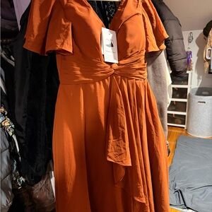 Rust Orange Knot-Front Flutter Sleeve Dress